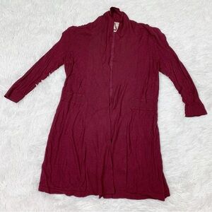 Loft Petite long sleeve open front cardigan mid length burgundy